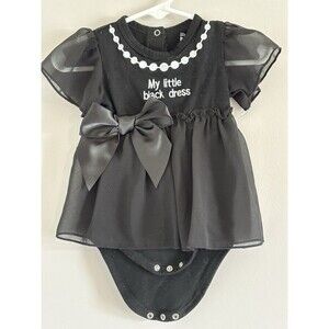 Stephan Baby Little Black Dress Size 3-6 months Snap Crotch Bow Embroidered